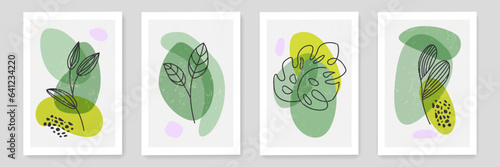 Floral Minimalistic Wall art Posters Set. Abstract Prints Set with Organic Shapes and Leaves Outline Style. Vector Trendy Templates Design in Collage Style for Wall Decor, Cards, Posters, Covers.