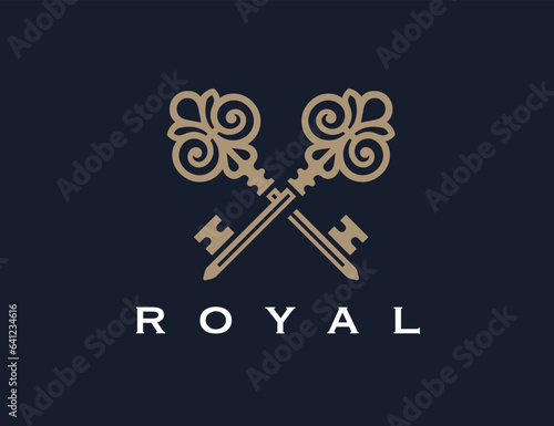 Crossed vintage keys icon. Luxury real estate agency logo mark design. Royal property realtor emblem. Vector illustration.