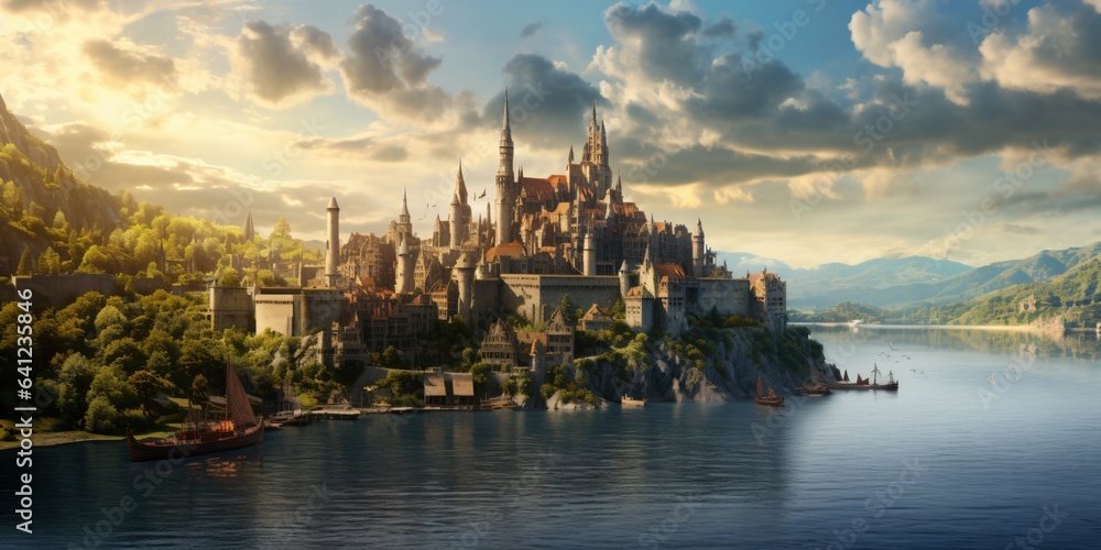 medieval fantasy city built over hills, view of the river and mountains - obrazy, fototapety, plakaty 