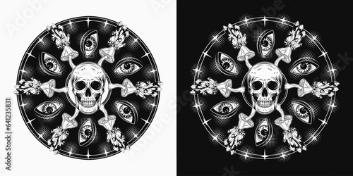Circular pattern with skull, fantasy mushrooms, crystals, third eye, stars, halftone shapes. Concept of sacred spirit, magic, expanded mind, psychic abilities. Monochrome mystical surreal illustration