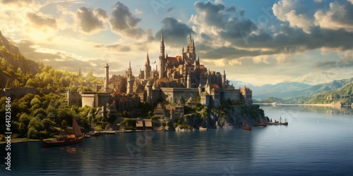 Foto medieval fantasy city built over hills, view of the river and mountains