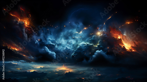 Dramatic landscape of an unknown planet  with high stone mountains  cosmic clouds  smoke  and fire. Dark blue coloring. Generative AI technology.
