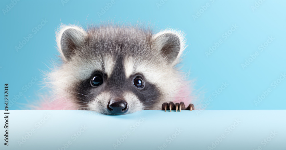 Fototapeta premium Creative animal concept. Raccoon peeking over pastel bright background. advertisement, banner, card. copy text space. birthday party invite invitation