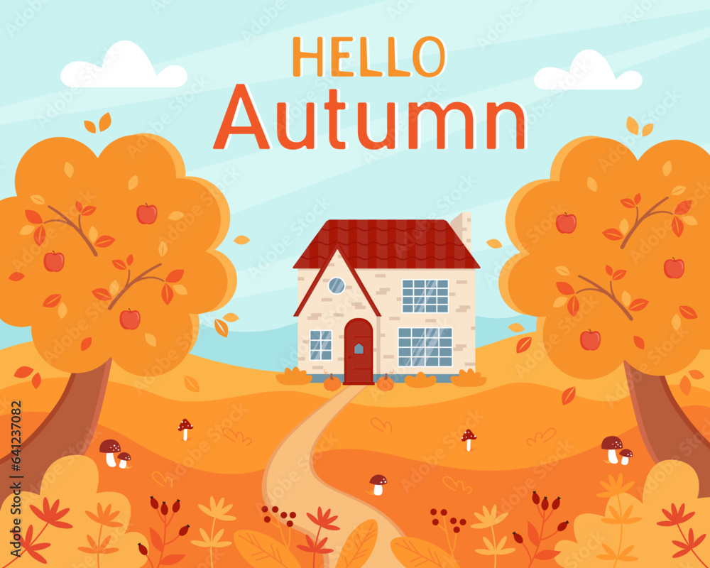 Autumn landscape with house and trees, nature in orange and yellow leaves. Autumn season with a beautiful panoramic view. Hello autumn. Vector illustration