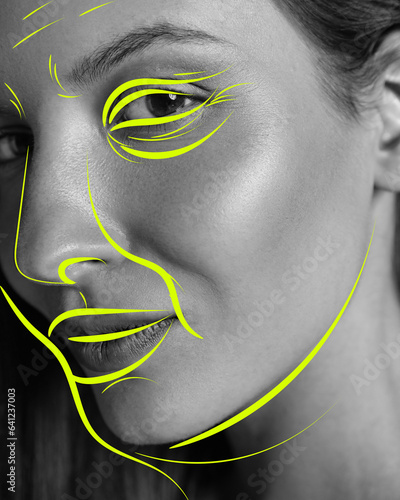Close-up of female face with bright lines, doodles. Black and white image. Cosmetology and plastic surgery. Concept of weight loss, body care, fitness, beauty, diet, health, wellness. Ad.