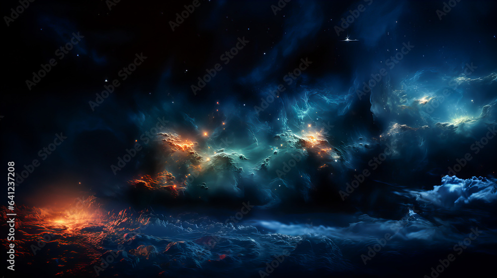 Dramatic landscape of an unknown planet, with high stone mountains, cosmic clouds, smoke, and fire. Dark blue coloring. Generative AI technology. Dramatic landscape of an unknown planet, with high stone mountains, cosmic clouds, smoke, and fire. Dark blue coloring. Generative AI technology.