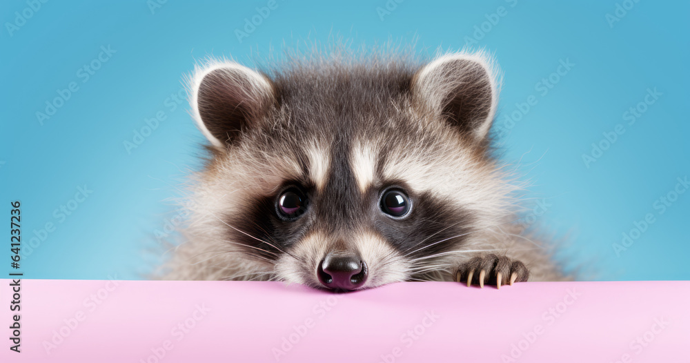 Obraz premium Creative animal concept. Raccoon peeking over pastel bright background. advertisement, banner, card. copy text space. birthday party invite invitation