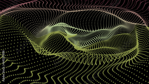 Energy net flows. Dot particle lines penetrating fog. Neon lights plexus of knots. Curved node row space infinity. Linking funnel universe parameters. Background information technology presentation.
