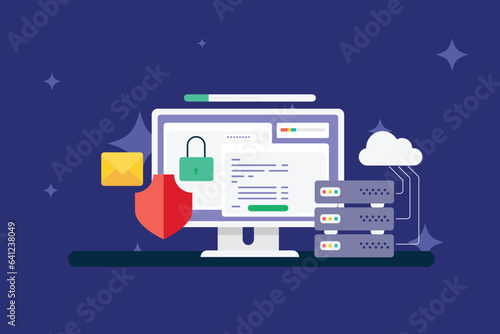 Web hosting service,  website hosting, web hosting provider, cloud based hosting, website security, SSL certificate. Vector illustration background.