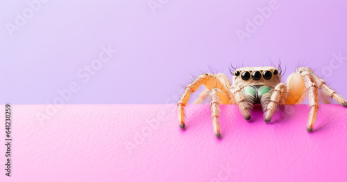 Creative animal concept. Spider peeking over pastel bright background. advertisement, banner, card. copy text space. birthday party invite invitation
