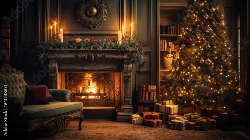 Interior of luxury classic living room with Christmas decor. Blazing fireplace  garlands and burning candles  elegant Christmas tree  gift boxes. Christmas and New Year celebration concept.