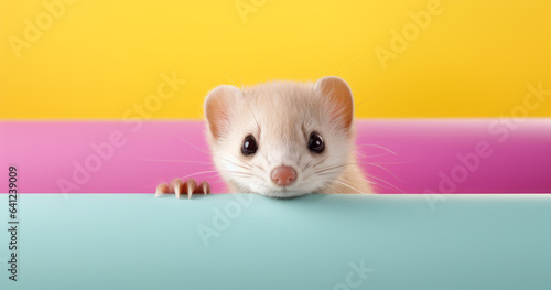 Creative animal concept. Weasel peeking over pastel bright background. advertisement, banner, card. copy text space. birthday party invite invitation