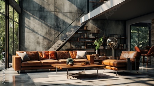 Interior of spacy loft style living room in luxury cottage. Dark grunge walls, leather cushioned furniture, wooden coffee table, stairs to upper floor, panoramic windows. Contemporary home design.