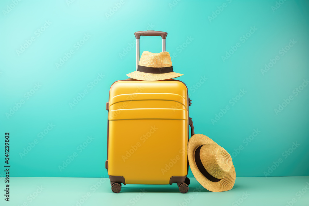 Packed yellow suitcase with travel straw hat on pastel green background. Summer travel concept Packed yellow suitcase with travel straw hat on pastel green background. Summer travel concept
