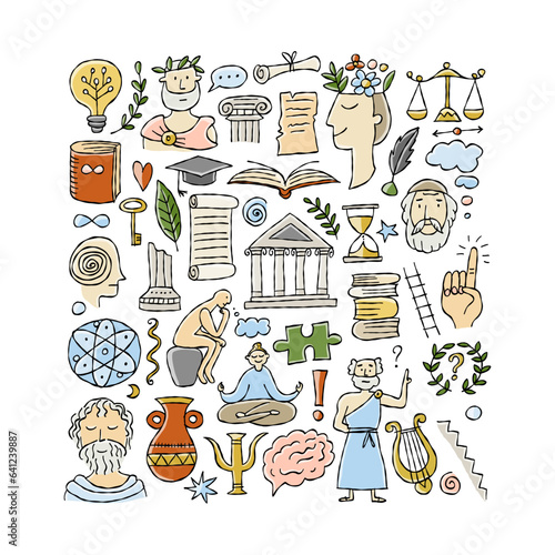 Philosophy concept art, hand-drawn philosophers and elements. Square frame background for your design