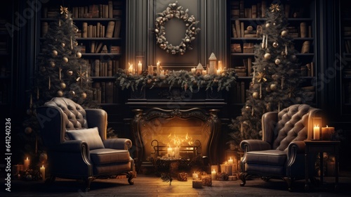 Interior of cozy classic living room with Christmas decor. Blazing fireplace, wreath, garlands and burning candles, elegant Christmas tree, vintage armchairs, bookcases. Christmas fairy tale. © Georgii