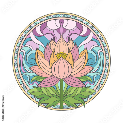 Elegant lotus flower bud and leaf in circle.The round design is made for oriental motif ornament.