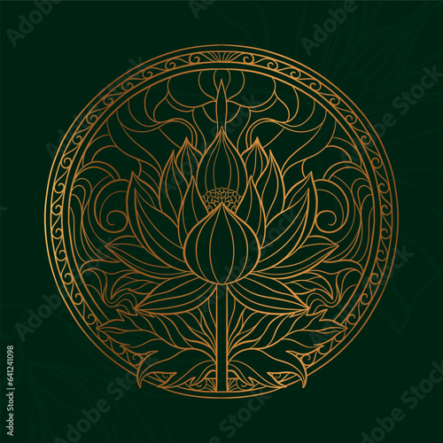 Elegant lotus flower bud and leaf in circle.The round design is made for oriental motif ornament.