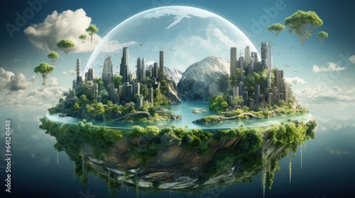 Symbolic 3D image of the globe with elements of human activity and nature landscape. Eliminate waste and pollution, save clean planet. Saving nature for future generations. Earth Day, ecology concept. © Georgii