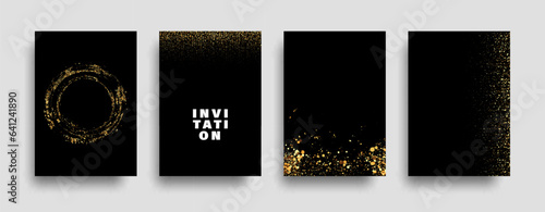 Set of golden glitter textures isolated on black background. Abstract glitter golden confetti.