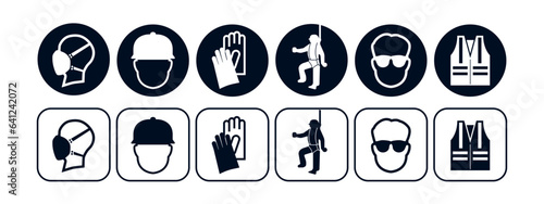 Set of safety equipment signs. Work safety icon. Essential construction and industry signs. Collection of safety and health protection equipment. Vector.