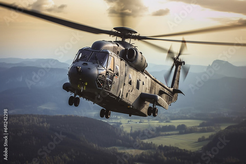 military helicopter in flight in the sky against the backdrop of mountains