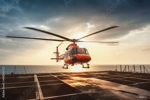 Helicopter landing on an offshore platform in the sun.