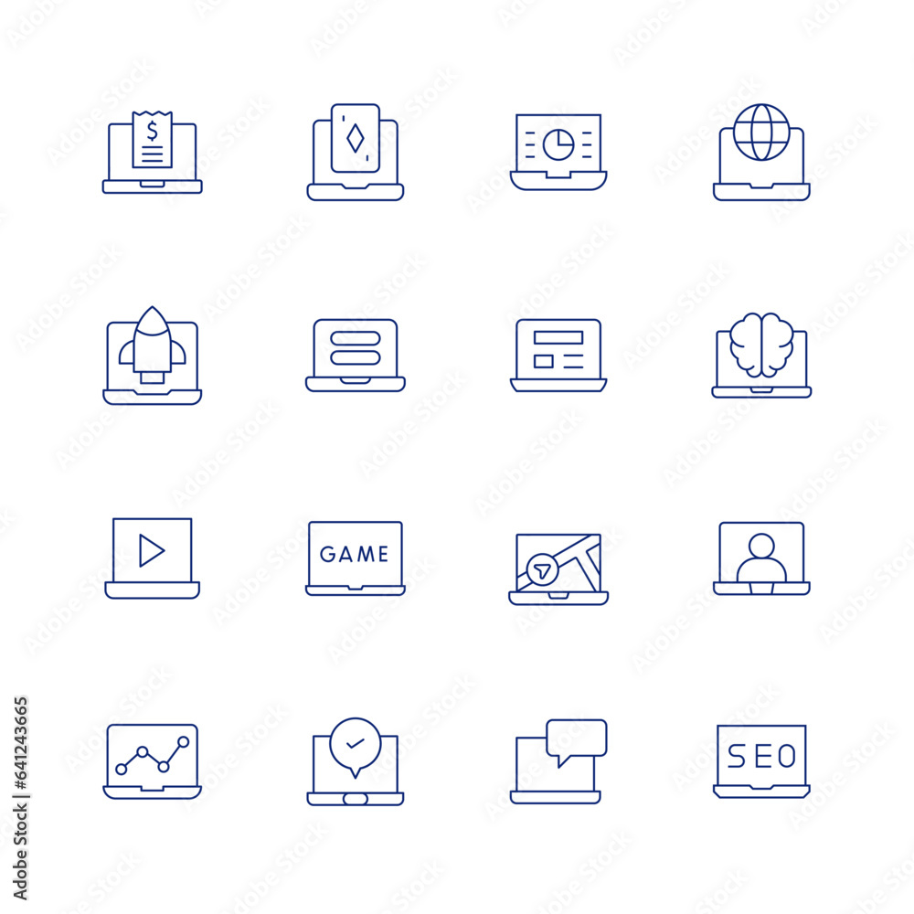 Laptop line icon set on transparent background with editable stroke. Containing laptop, pie chart, internet, password, brain, message, seo and web, video conference, check, bill, startup, analysis.