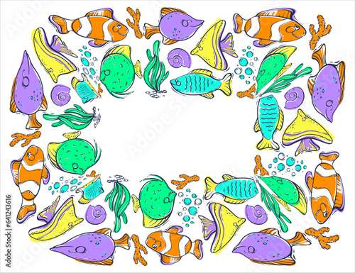 Cute decorative frame with marine life. Colorful fish, algae, shells and corals. Inhabitants of the underwater world. Vector illustration in doodle style.