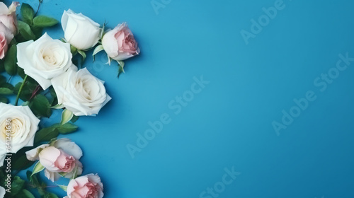 Flowers composition. Rose flowers on blue background © khan