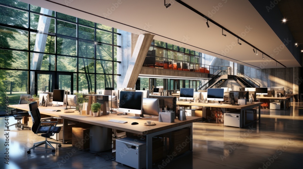 Modern open space office with no employees in luxury building. Wooden floor, large desks, office chairs, desktop computers.Stairs to the upper level. Glass walls with park view. Interior design.