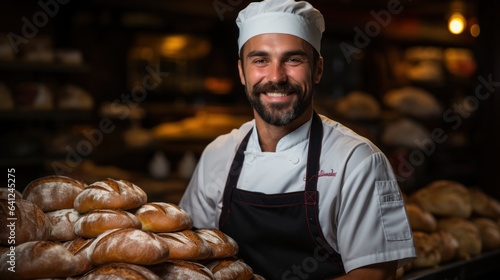 Portrait of a smiling male baker carrying fresh breads in a bakery.