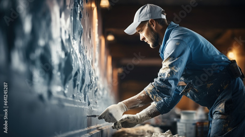 Portrait of a male worker in a blue uniform and a white cap working painter.
