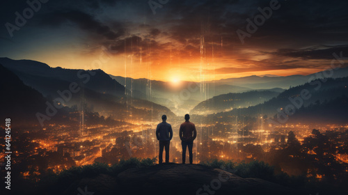 Conceptual image of two business people looking at sunrise over misty valley.