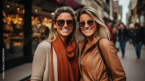 Portrait of two beautiful young women in sunglasses smiling and looking at camera while shopping and walking in european city.