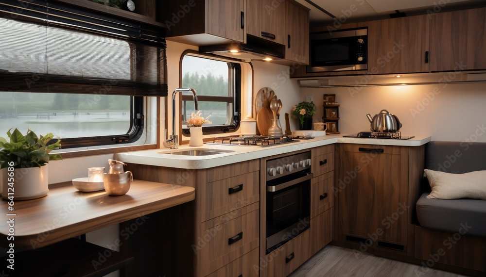 Cozy kitchen interior in the trailer of a mobile home Cozy kitchen interior in the trailer of a mobile home