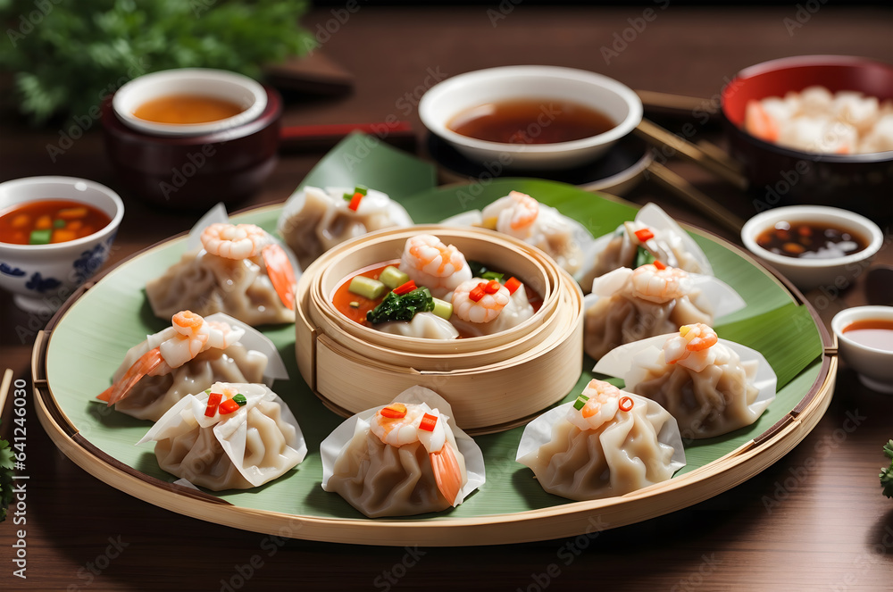 delicious Chinese dim sum spread, seafood spring rolls filled with prawns and vegetables