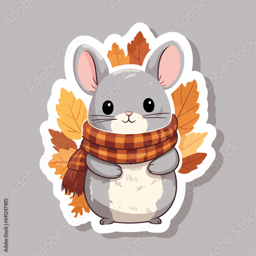 Cute chinchilla in a scarf autumn sticker vector isolated with fallen leaves