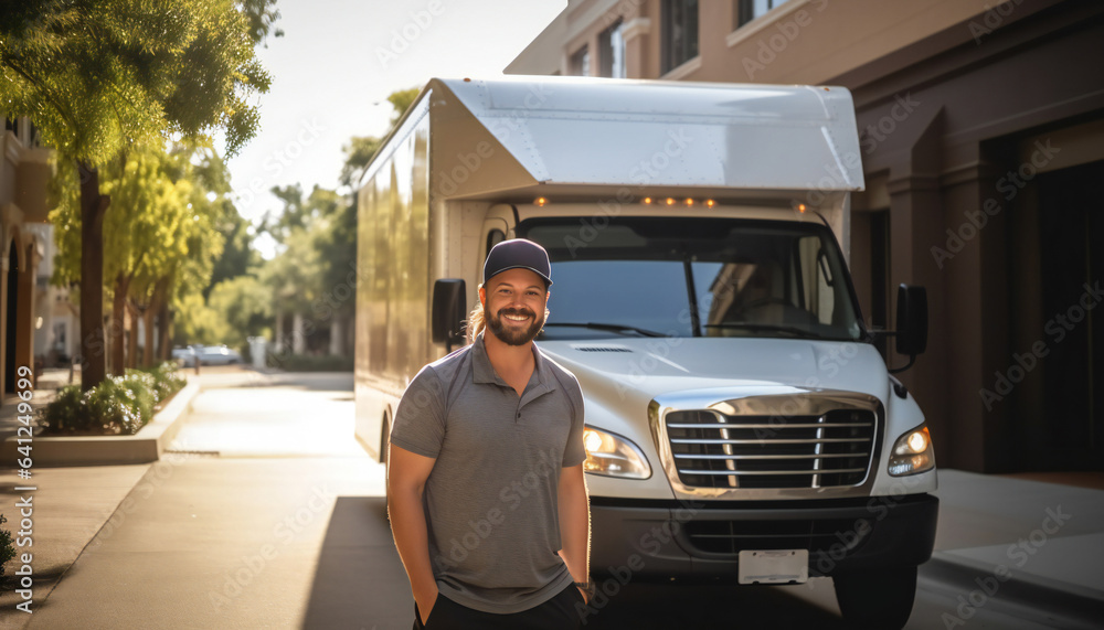 Delivery truck driver carefully carrying a package Delivery truck driver carefully carrying a package