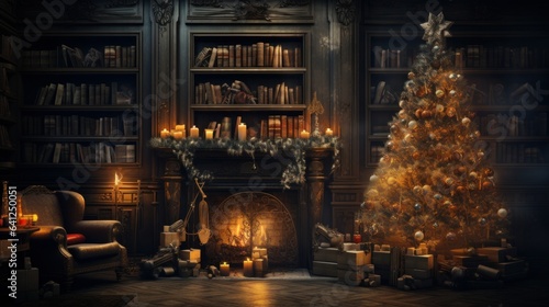 Interior of luxury classic living room with Christmas decor. Blazing fireplace, garlands and burning candles, elegant Christmas tree, gift boxes, bookcase. Christmas and New Year celebration concept.