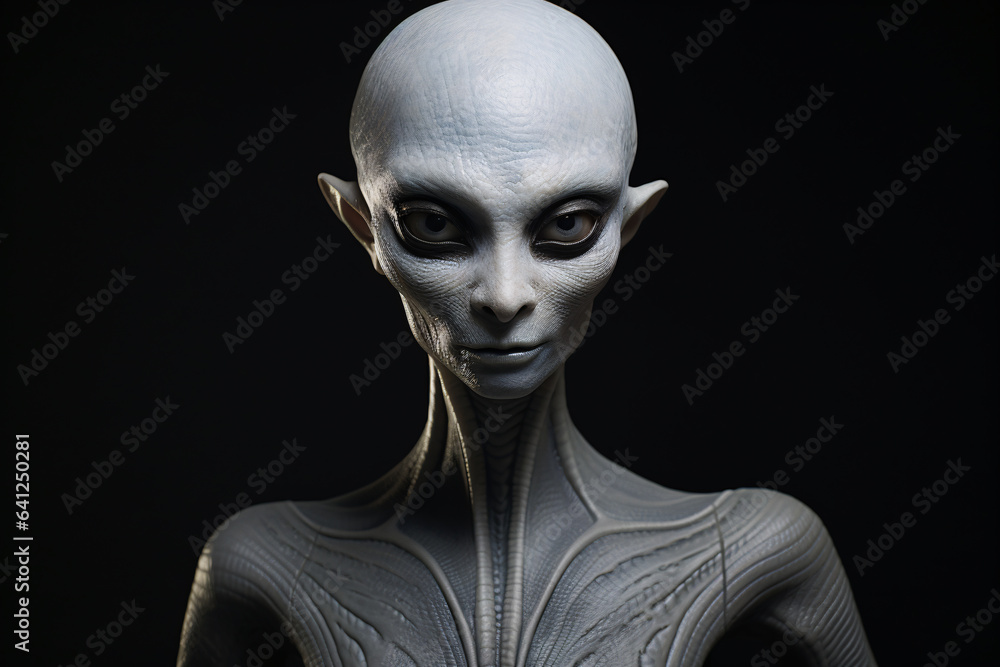 Portrait of upper body of grey alien with bald head black eyes inspired by woman shape standing in studio with black background Portrait of upper body of grey alien with bald head black eyes inspired by woman shape standing in studio with black background
