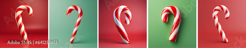 Set of christmas canes. 3D Christmas candy cane renders in white, red and green colors. Variety of candy canes on different backgrounds. Xmas banner. Happy new Year and Merry Christmas celeblation