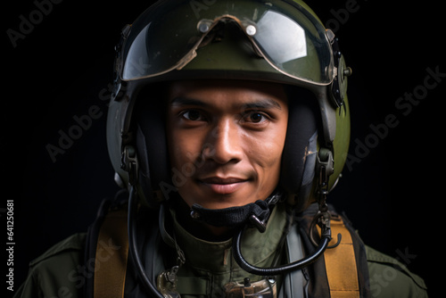 Portrait of an south-east asian young man wearing pilot's helmet and green military uniform with joyful expression in black background
