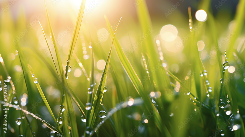 Fototapeta premium close up of green grass with dew and morning sun