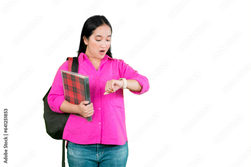 attractive beauty college student girl looking at watch feeling shocked attractive beauty college student girl looking at watch feeling shocked