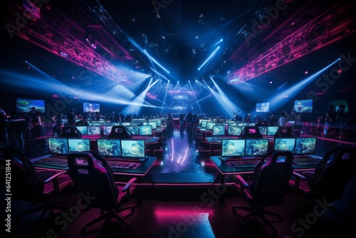 Esports Arena With Rows Of Computers, Generative AI