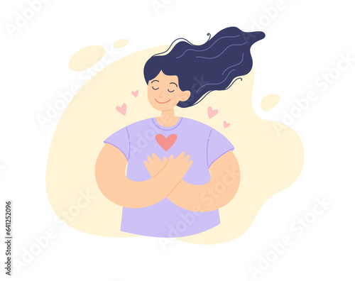Self help concept. Young positive woman with her hand on the chest swith heart, gratitude and peace, flat cartoon vector illustration. photo