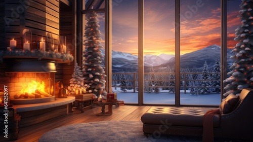 Interior of cozy living room in rustic cottage with Christmas decor. Blazing fireplace  garlands and burning candles  elegant Christmas tree  panoramic windows with winter forest and mountains view.
