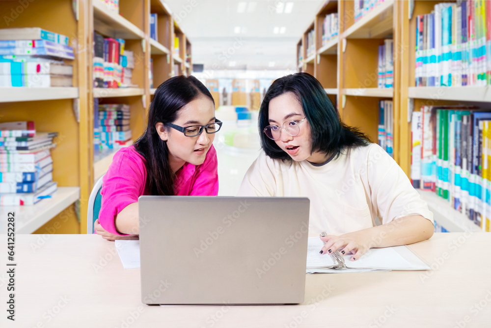 two female students at the desk using working on laptop with book shelf background two female students at the desk using working on laptop with book shelf background