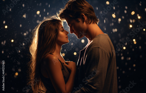 A young Caucasian couple stand in romantic night scene with golden dust failing down, boyfriend and girlfriend look others with loving eyes